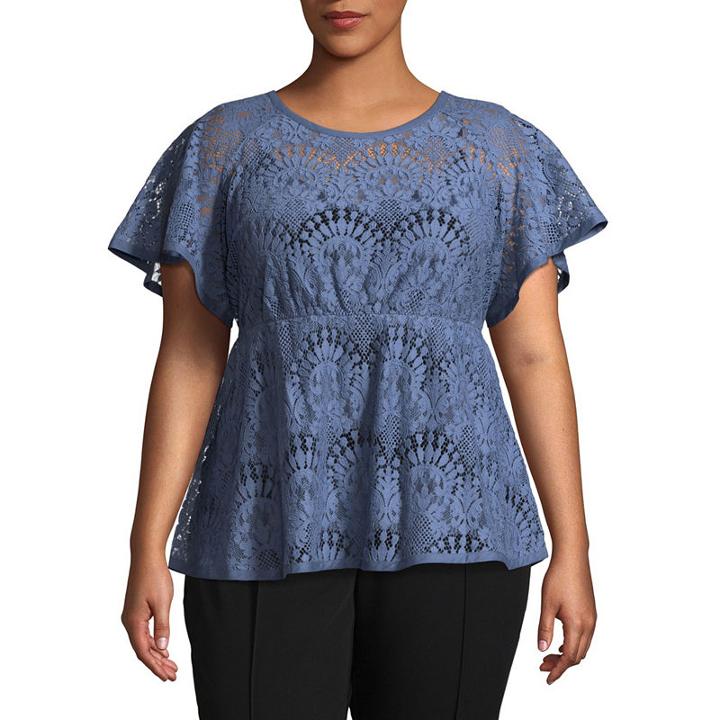 Worthington Short Sleeve Scoop Neck Woven Lace Blouse - Plus