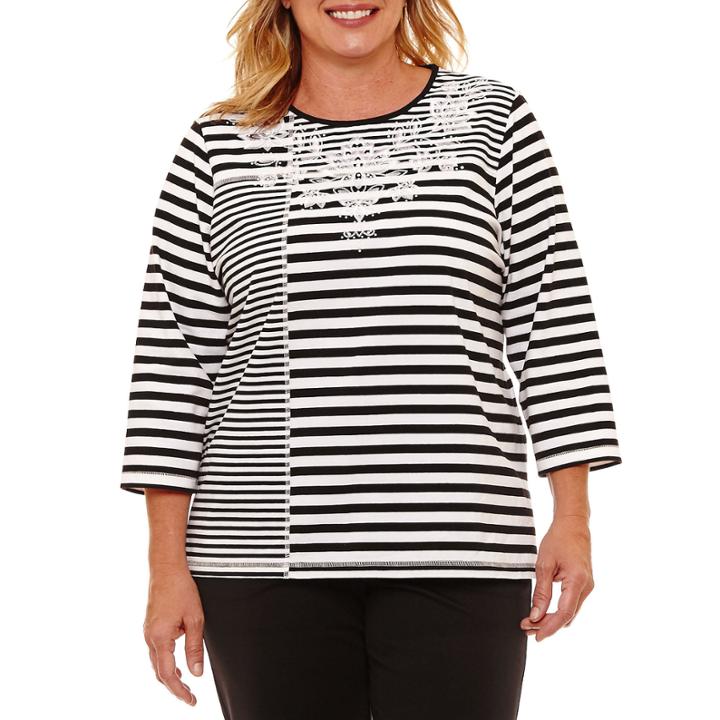 Alfred Dunner Easy Going 3/4 Sleeve Spliced Stripe T-shirt-womens Plus