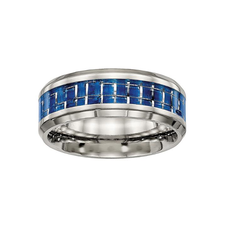 Mens Titanium With Blue & White Carbon Fiber Inlay Wedding Band