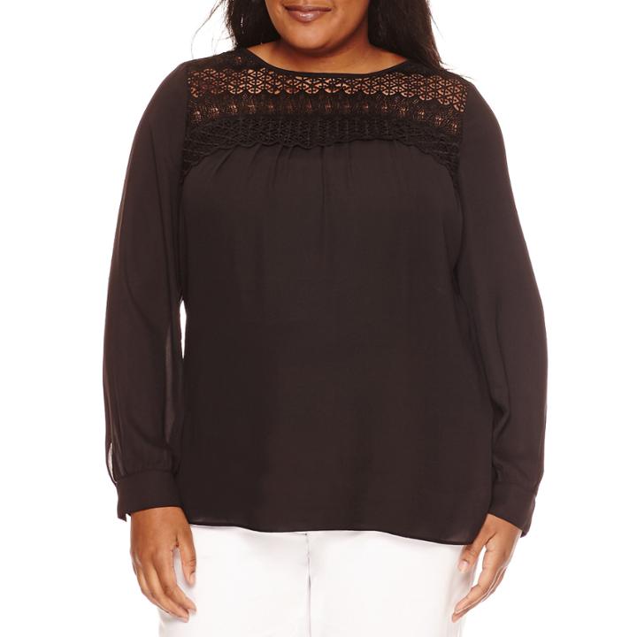 Worthington Long Sleeve Lace Yoke Woven Blouse - Plus