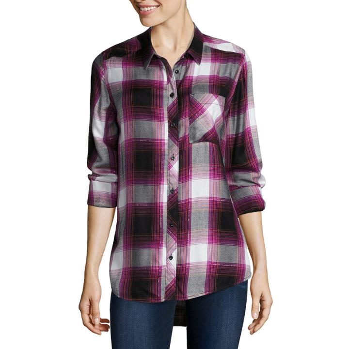 Arizona Long Sleeve Boyfriend Plaid Shirt-juniors