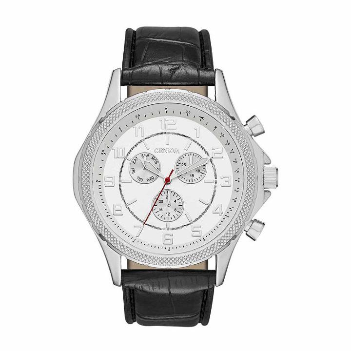 Geneva Mens Silver-tone And Black Strap Watch