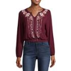 Cut And Paste Long Sleeve Split Crew Neck Jersey Blouse-juniors