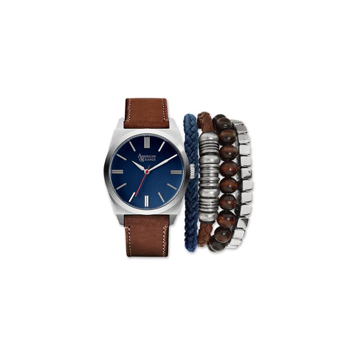 Mens Brown And Silver Tone Strap Watch And Bracelet Set Mst5183s100-709