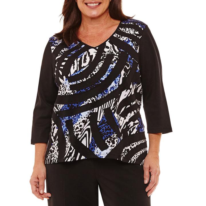 Alfred Dunner High Roller V Neck Patchwork T-shirt- Plus
