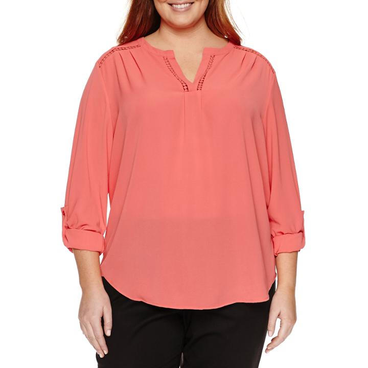 Claiborne Long Sleeve Split Crew Neck Woven Blouse-plus