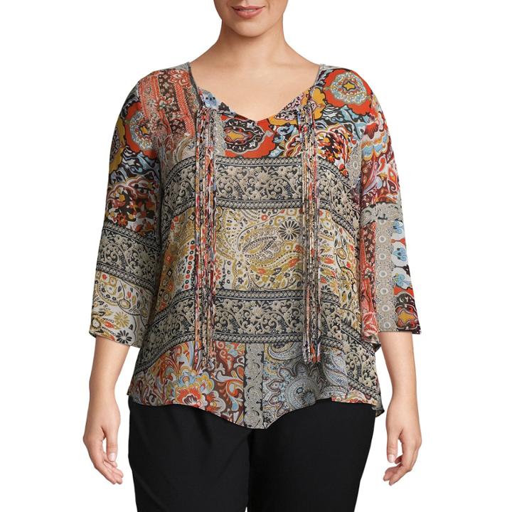 Unity World Wear 3/4 Sleeve Printed Peasant Blouse-plus