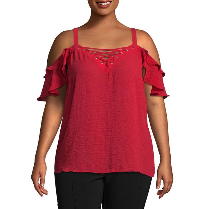 Bold Elements Ruffle Cold Shoulder Lace Up Blouse-plus