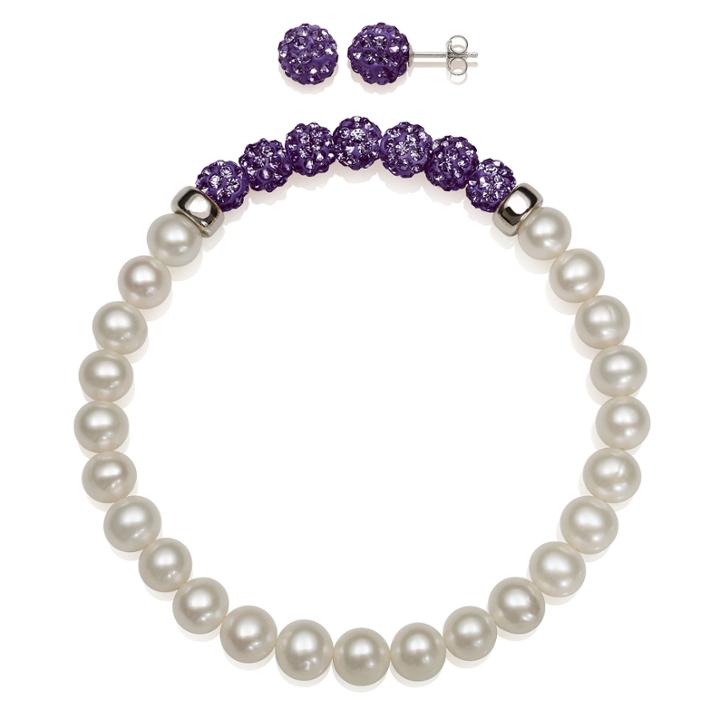 Cultured Freshwater Pearl & Violet Lab Created Crystal Bead Sterling Silver Jewelry Set