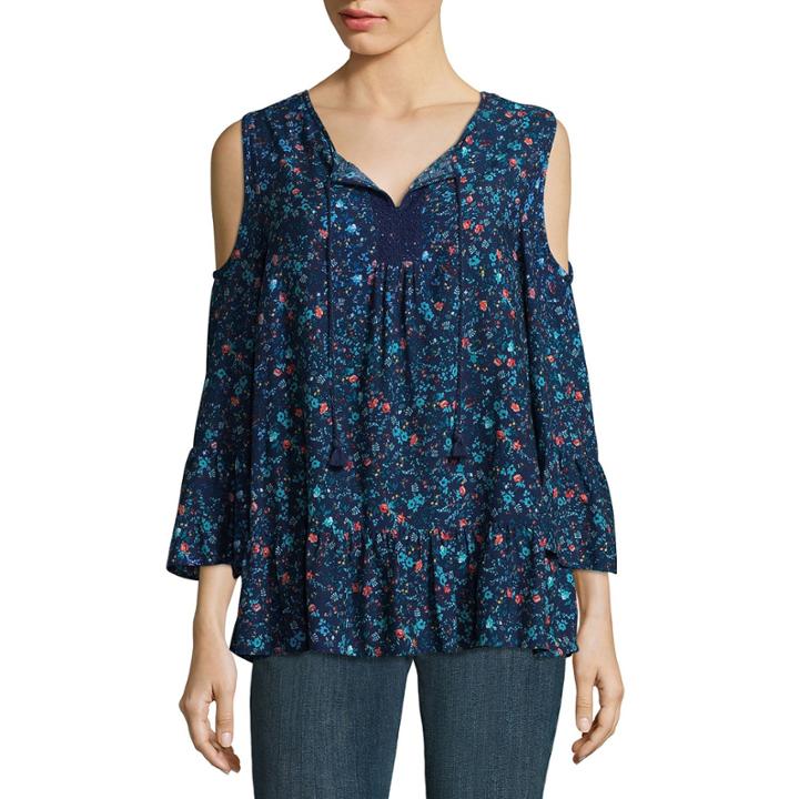 St. John's Bay Long Sleeve V Neck Woven Floral Blouse-talls