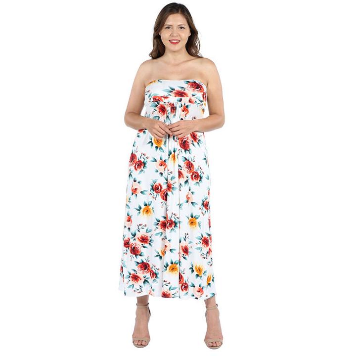 24seven Comfort Apparel Lindsey Strapless White Floral Empire Waist Maxi Dre