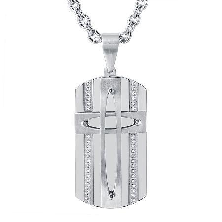 Mens Stainless Steel Cubic Zirconia Dog Tag Cross Pendant Necklace