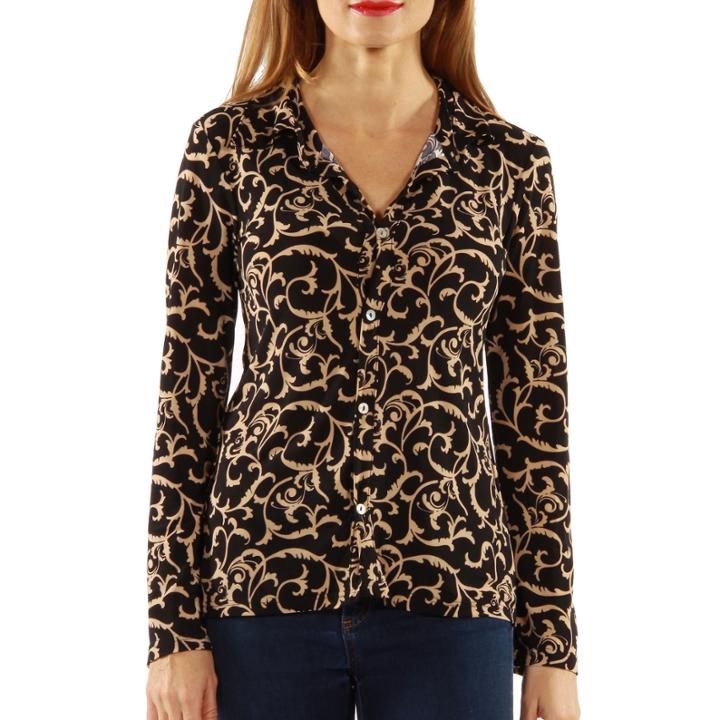 24/7 Comfort Apparel Cream & Black Swirl Knit Blouse