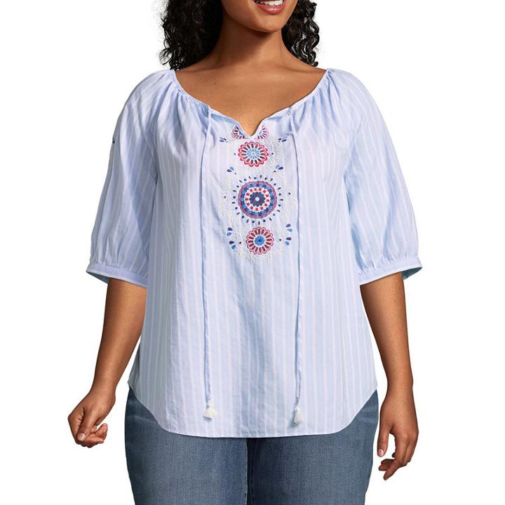 St. John's Bay 3/4 Sleeve Embroidered Boho Blouse - Plus