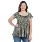 24seven Comfort Apparel Marlowe Green Paisley Short Sleeve Tunic Top - Plus
