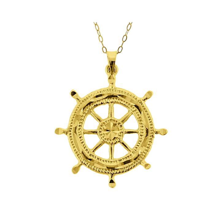 10k Yellow Gold Ship Wheel Pendant Necklace
