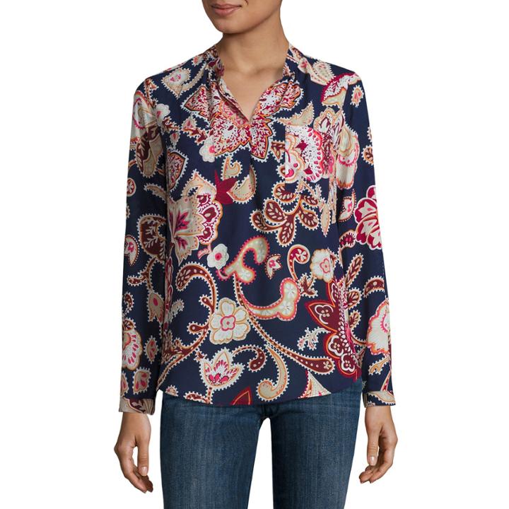 Liz Claiborne Long Sleeve Split Crew Neck Woven Blouse-petites