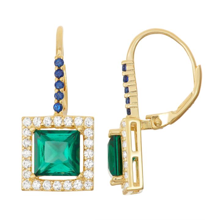 Lab-created Emerald & Sapphire 14k Gold Over Silver Leverback Earrings