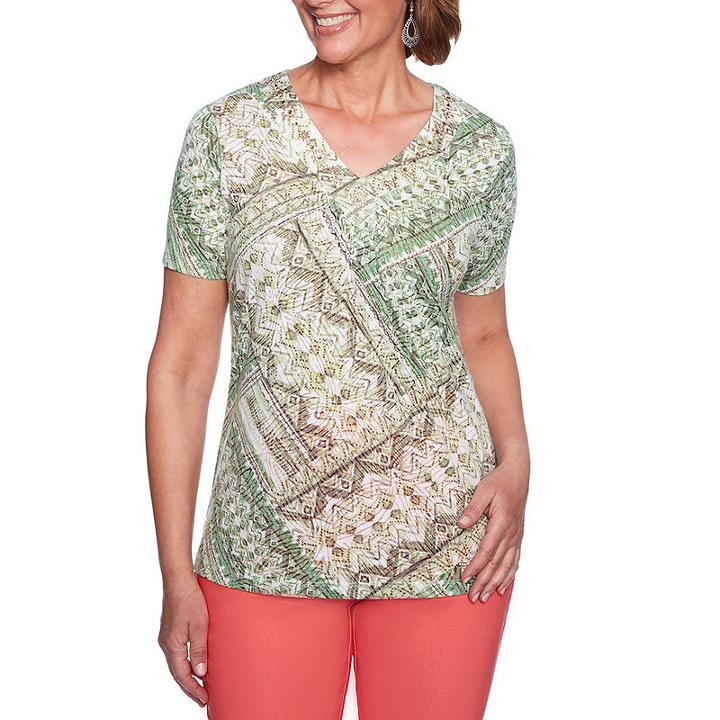 Alfred Dunner Parrot Cay 3/4 Sleeve Crew Neck Patchwork T-shirt-womens