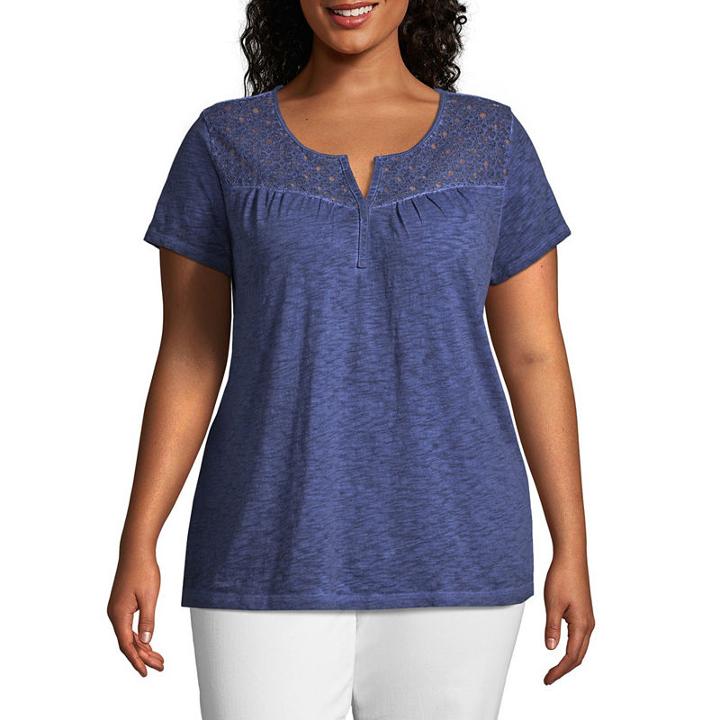 St. John's Bay Short Sleeve Lace Garment Wash Tee - Plus