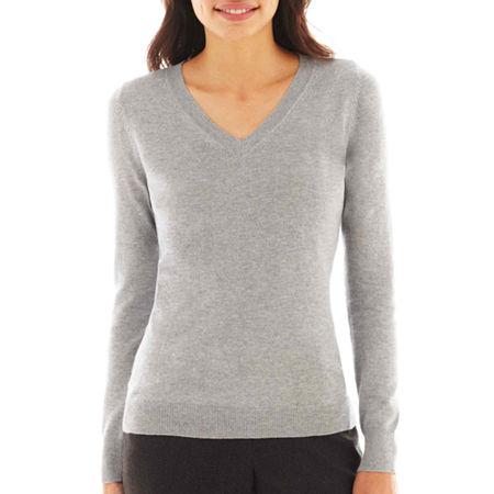 Worthington Long-sleeve Ribbed V-neck Sweater - Petite