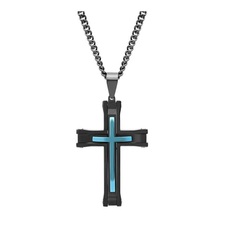 Mens Stainless Steel Black & Blue Ip Cross Pendant Necklace