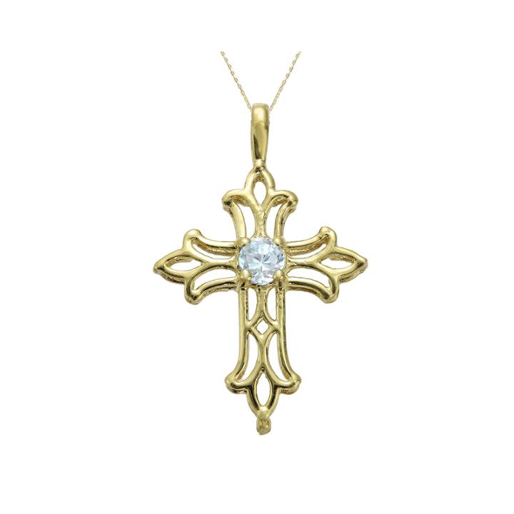 Genuine Aquamarine 10k Yellow Gold Cross Pendant Necklace