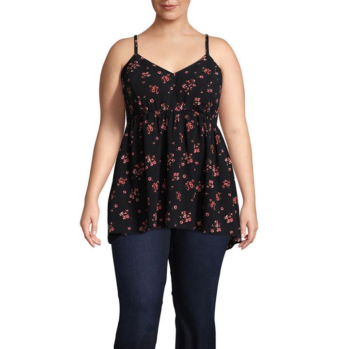 Boutique + Adjustable Spaghetti Strap Floral Woven Blouse - Plus