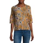 Almost Famous Elbow Sleeve Scoop Neck Mesh Floral Blouse-juniors