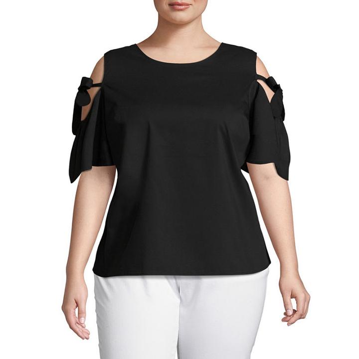 Worthington Short Sleeve Cold Shoulder Woven Blouse - Plus