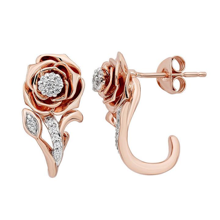 Enchanted Disney Fine Jewelry 1/10 Ct. T.w. Genuine White Diamond 10k Rose Gold 19mm Flower Beauty And The Beast Stud Earrings