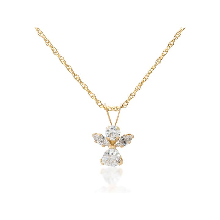 14k Gold White Cubic Zirconia Round Angel Pendant Necklace