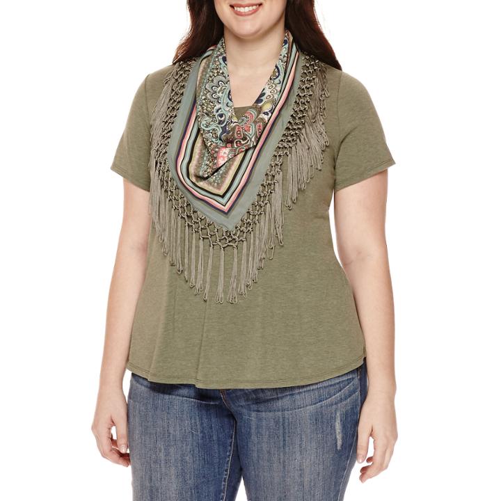 Unity&trade; Short-sleeve Solid Top With Fringe Scarf - Plus