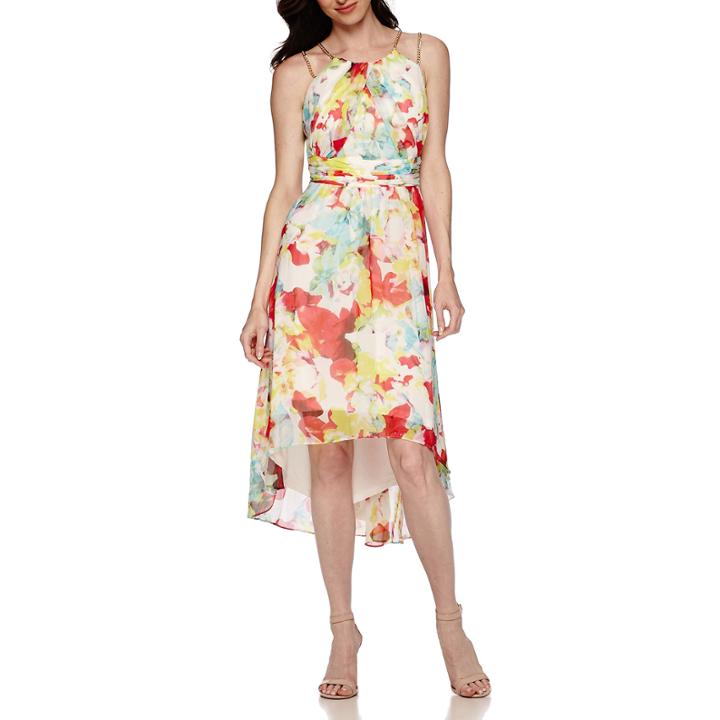 Sangria Sleeveless Abstract-print Chain-shoulder High-low Maxi Dress