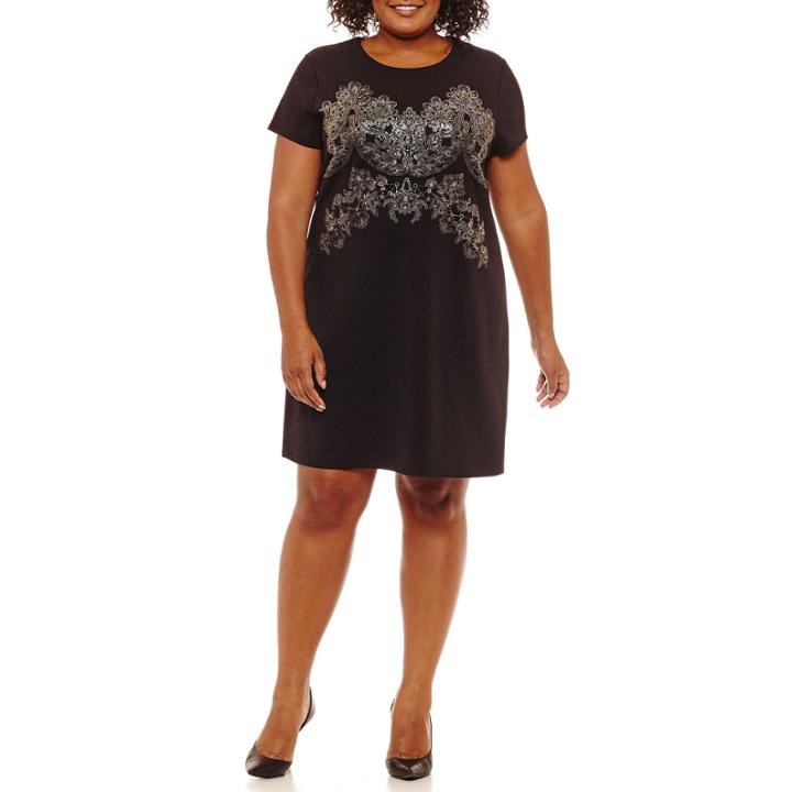 Worthington Short Sleeve Scroll Shift Dress-plus