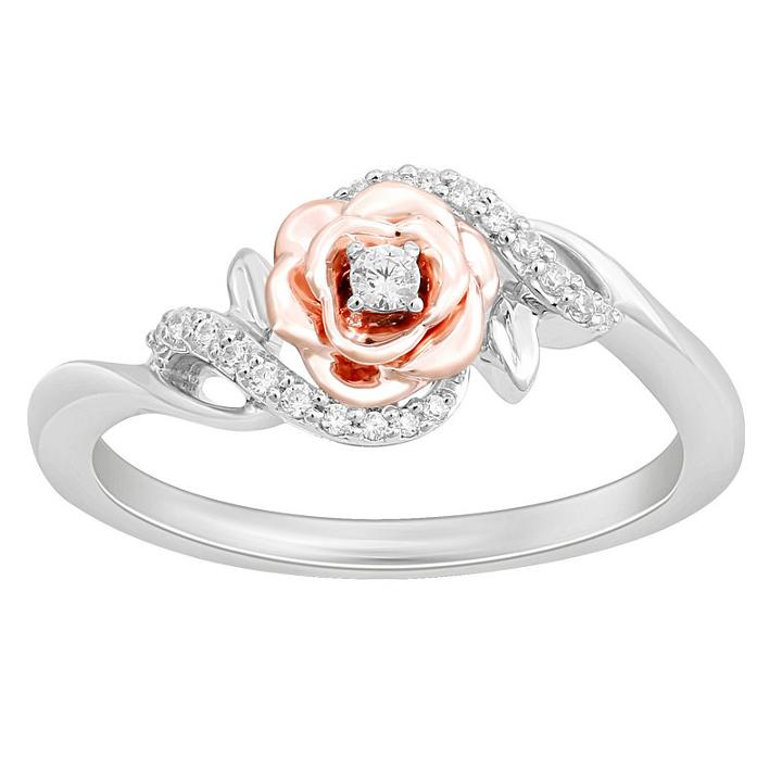 Enchanted Disney Fine Jewelry Womens 1/10 Ct. T.w. White Diamond Sterling Silver Gold Over Silver Cocktail Ring