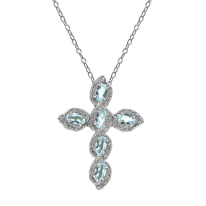 Womens Blue Topaz Sterling Silver Cross Pendant Necklace