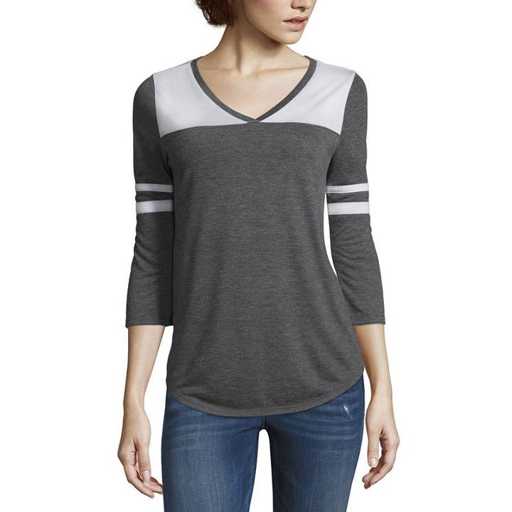 Arizona 3/4 Sleeve V Neck T-shirt-womens Juniors