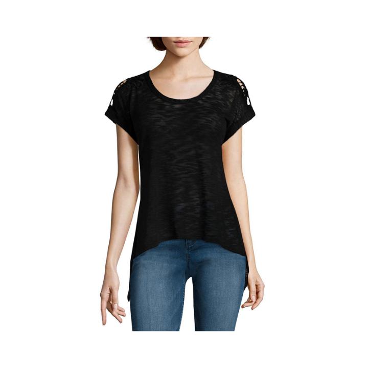 Almost Famous Short-sleeve Crochet Sharkbite Tee - Juniors