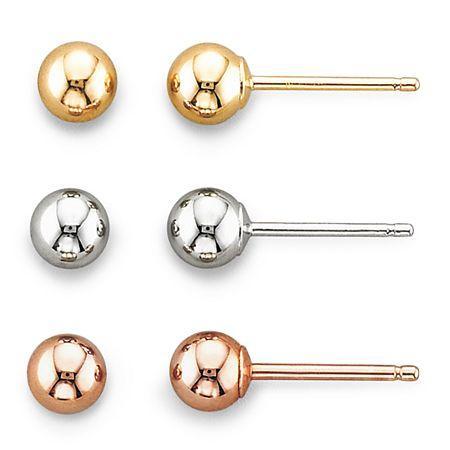 14k Earrings, 3-pair Tri-tone Ball Stud Set