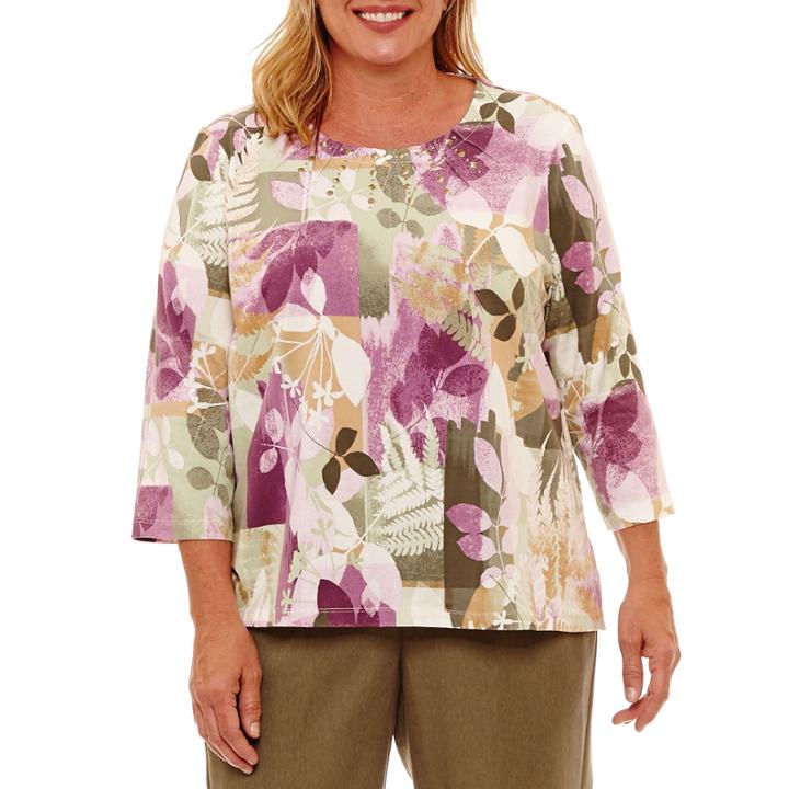 Alfred Dunner Palm Desert 3/4 Sleeve Patch Fern T-shirt-womens Plus