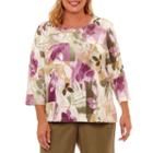 Alfred Dunner Palm Desert 3/4 Sleeve Patch Fern T-shirt-womens Plus