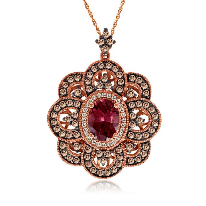 Grand Sample Sale By Le Vian Raspberry Rhodolite And Chocolate & Vanilla Diamonds Pendant In 14k Strawberry Gold