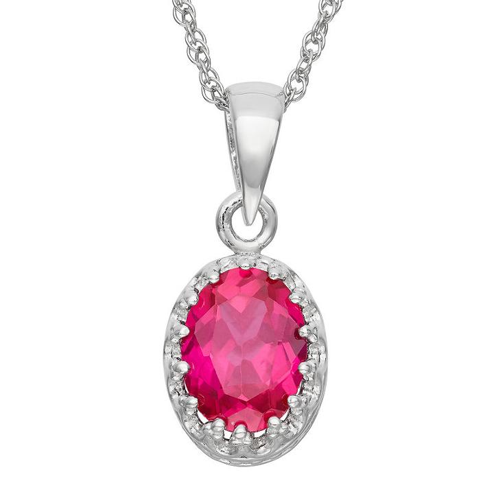 Womens Lead Glass-filled Red Ruby Sterling Silver Oval Pendant Necklace