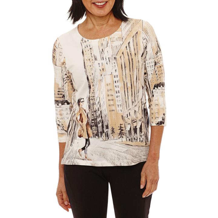 Alfred Dunner 3/4 Sleeve Crew Neck T-shirt-womens Petites
