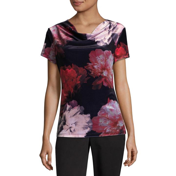 Liz Claiborne Long Sleeve Cowl Neck Velour Floral Blouse-talls