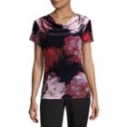 Liz Claiborne Long Sleeve Cowl Neck Velour Floral Blouse-talls