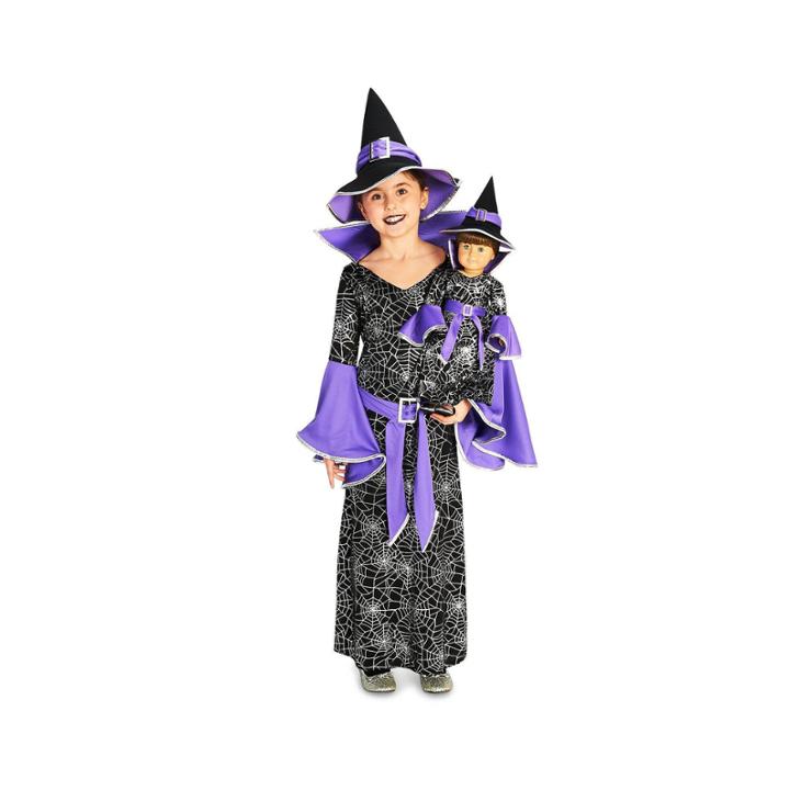 Spider Web Silver Printed Witch Costume With Matching 18 Doll Costume