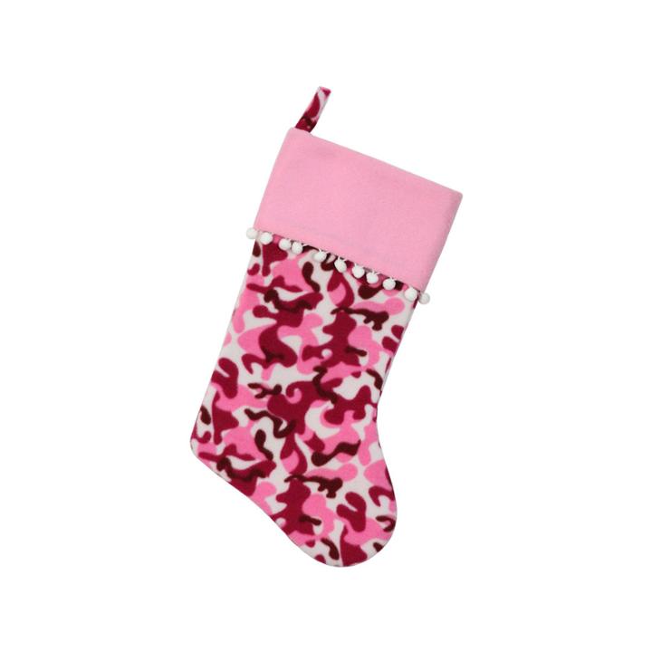 19 Pink And Brown Camouflage Christmas Stocking With Pink Cuff And White Poufs