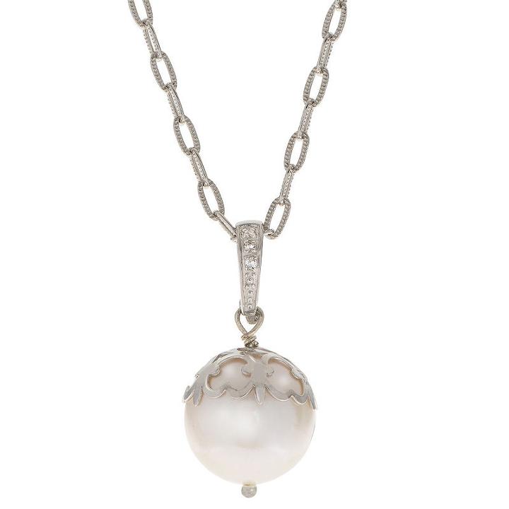 Womens White Cultured Freshwater Pearls Round Pendant Necklace